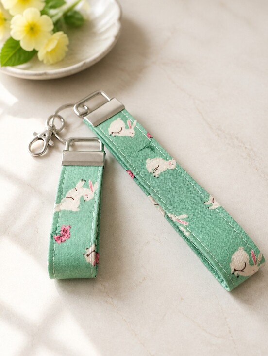 Hand Crafted Accessories - Cute Bunny Key Fob Holder Set Of 2 with Silver Hardware New!